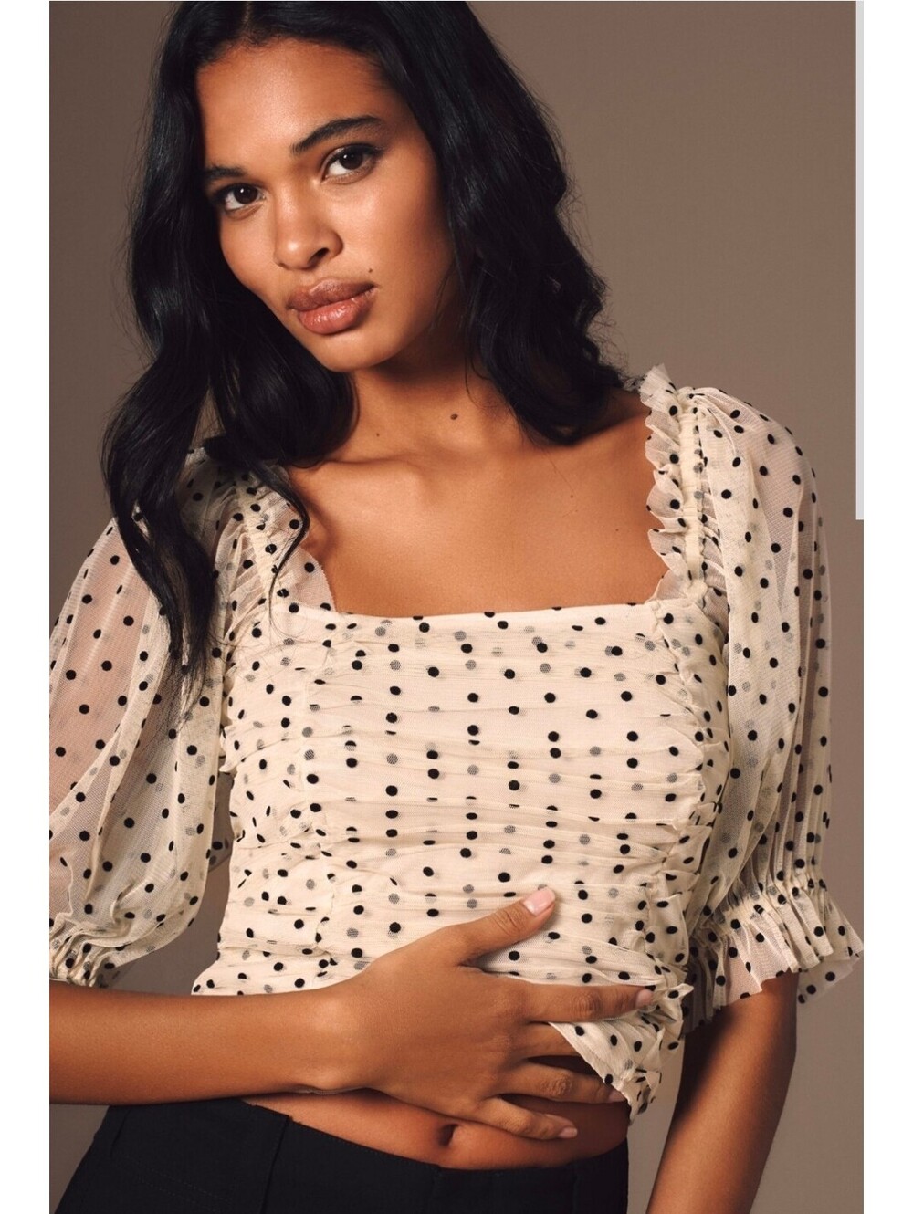 NWT Maeve Cream Sheer Polka Dot Smocked Blouse. Size M. Ret. $78